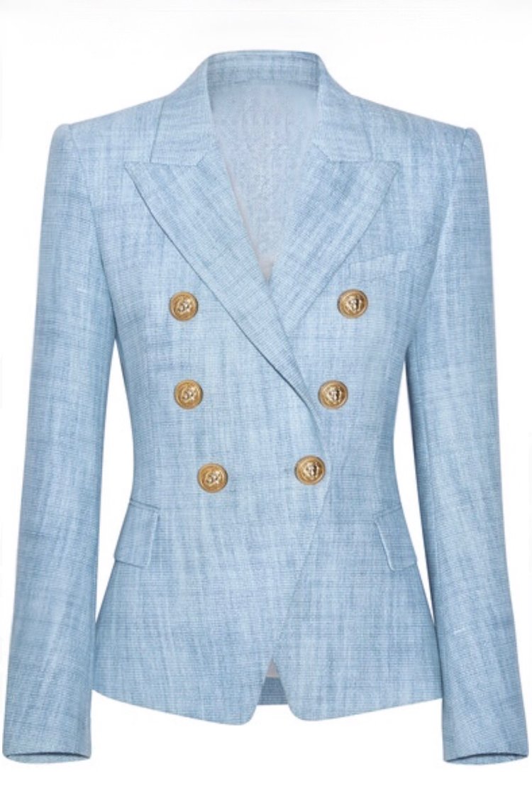 Double Breasted Blazer with Gold Hardware - Blue