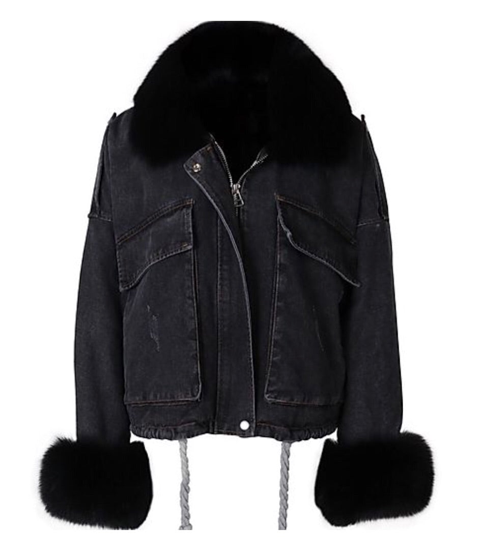 Denim & Fur Jacket - Black