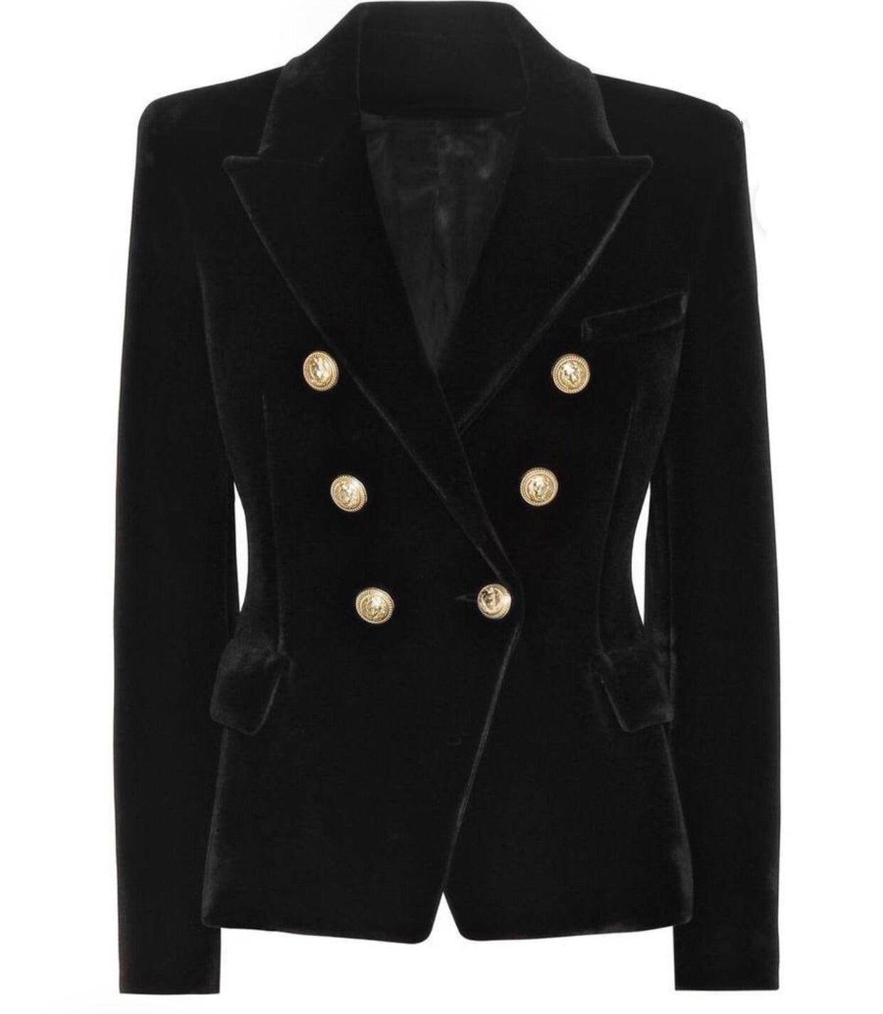 Double Breasted Blazer with Gold Hardware - Black Velvet