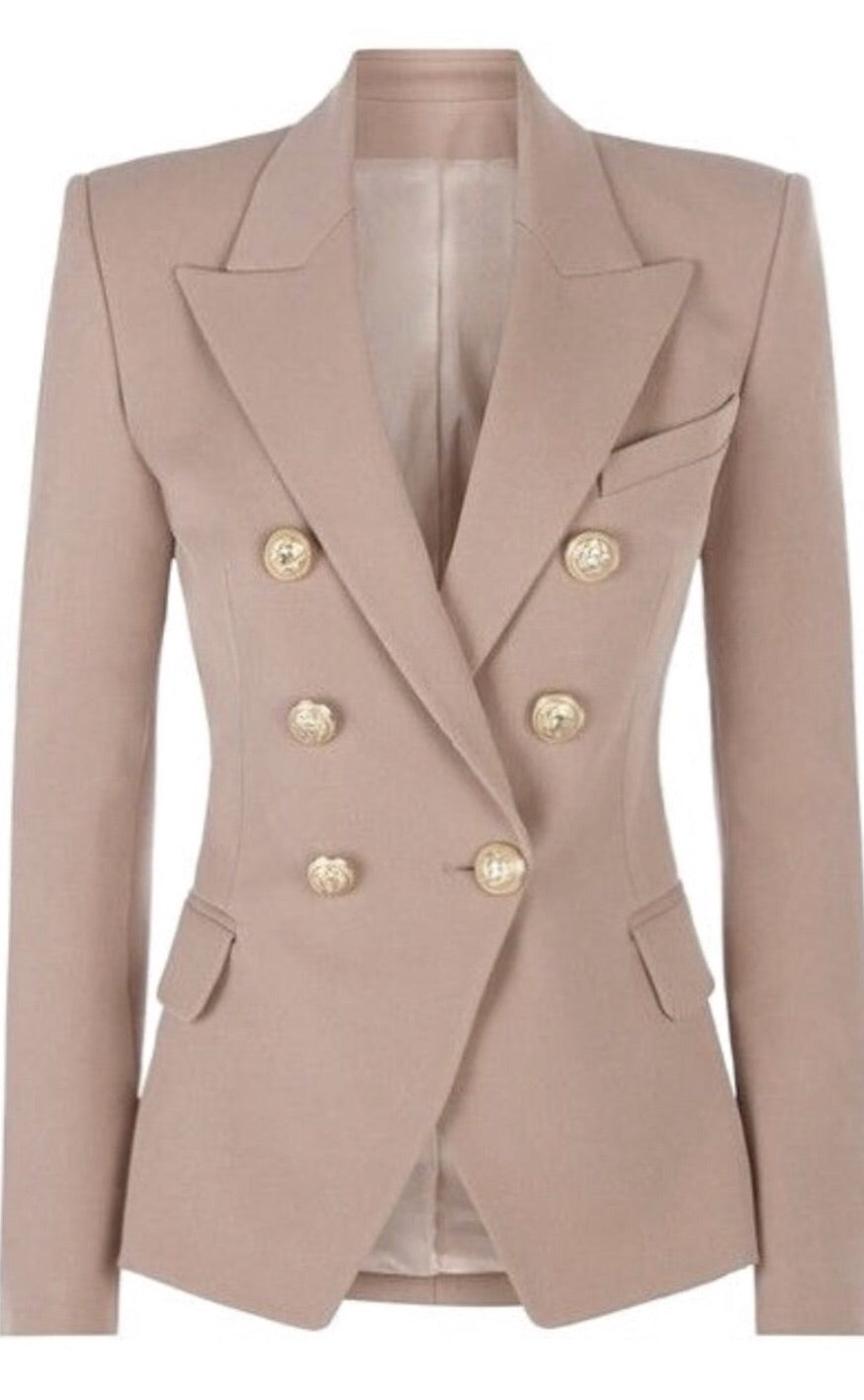 Double Breasted Blazer with Gold Hardware - Beige