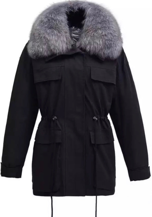 Fur Collar Parka - Black/grey