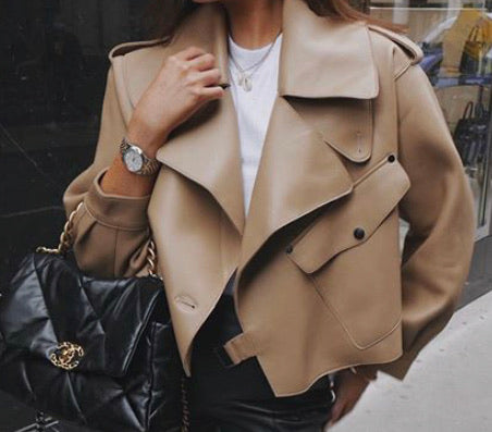 Oversized Leather Jacket - Beige