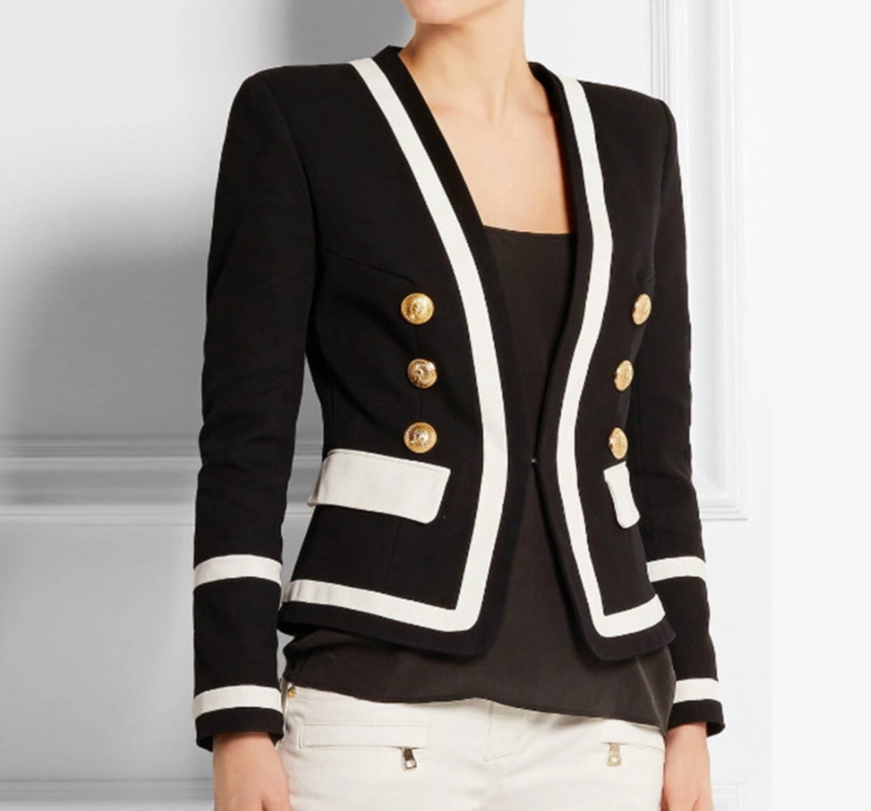 Colour Block Blazer with Gold Hardware - Black