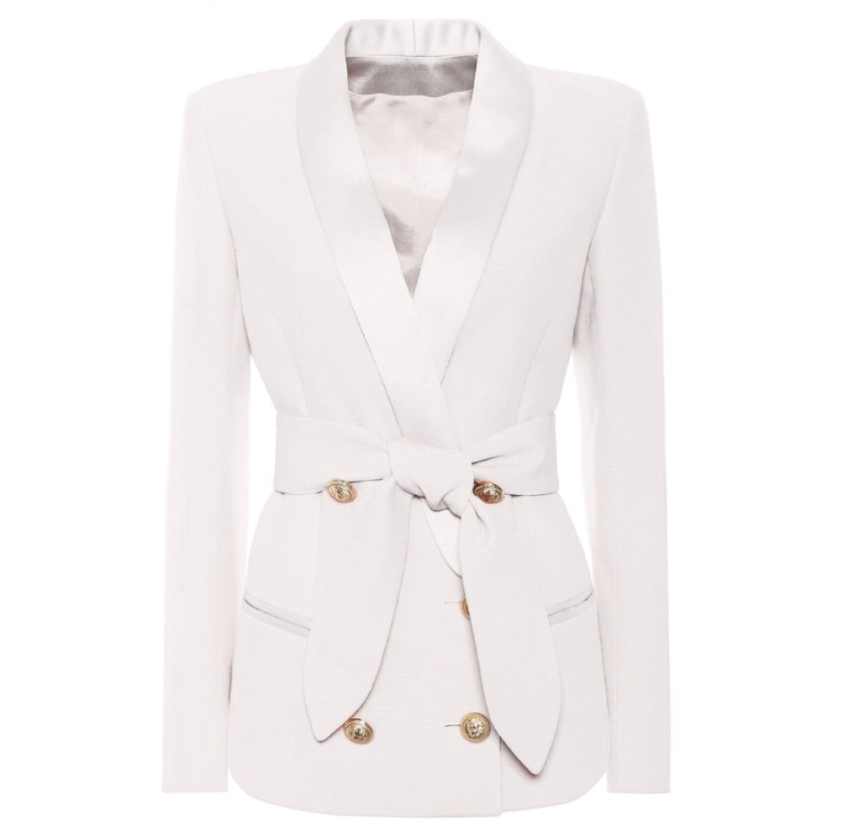 Double Breasted Tie Blazer with Gold Hardware - White
