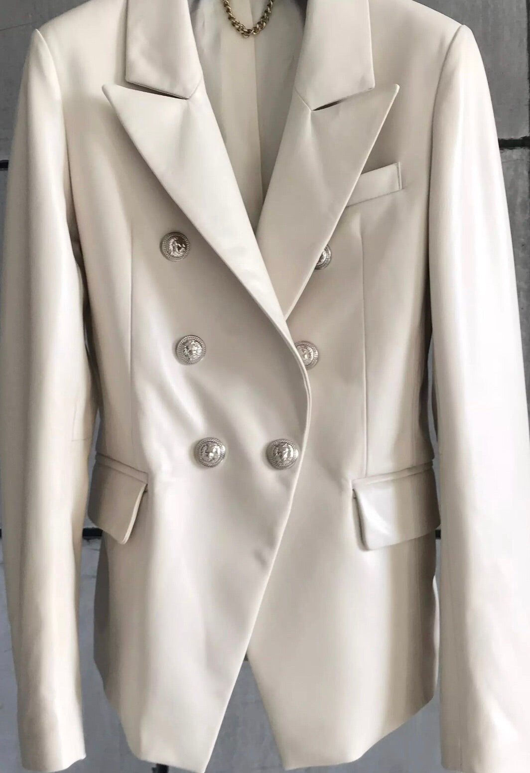 Leather Double Breasted Blazer - Off White with Silver Hardware