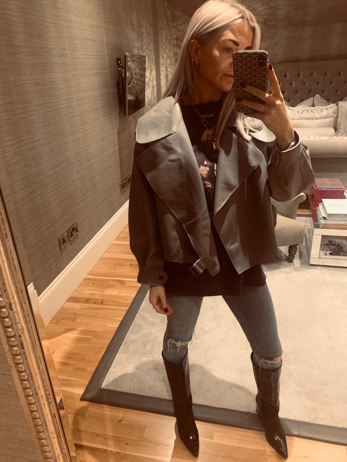 Oversized Leather Jacket - Grey