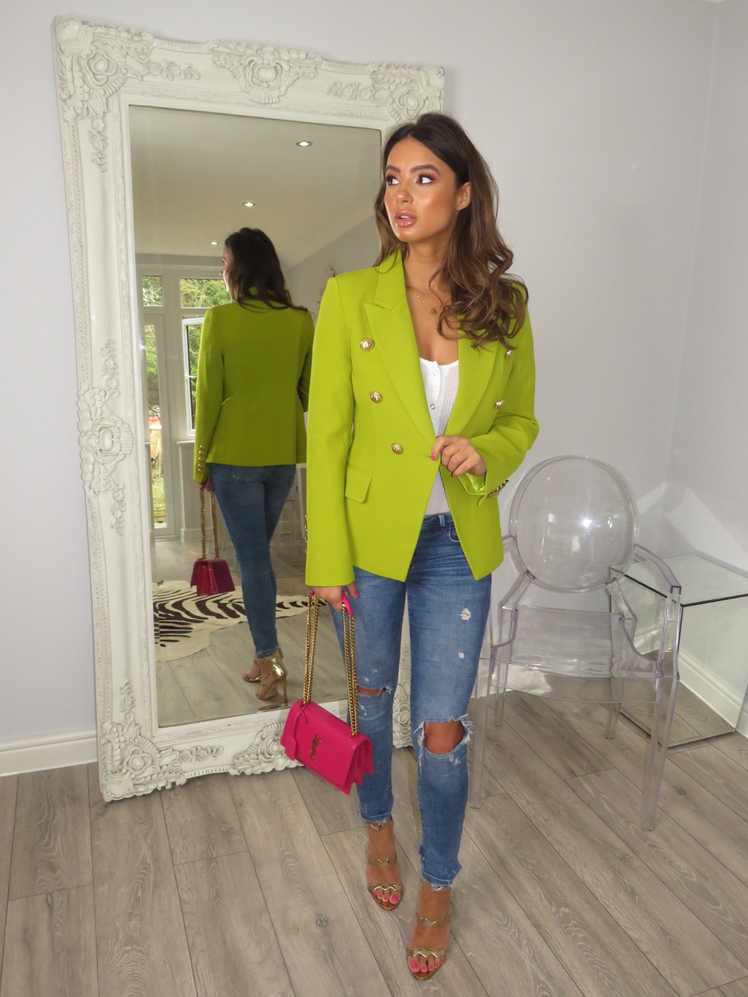 Double Breasted Blazer with Gold Hardware - Lime