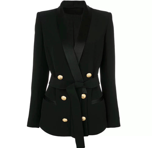 Double Breasted Tie Blazer with Gold Hardware - Black