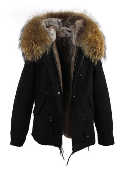 Fur Lined Parka - Black Natural Fur Short