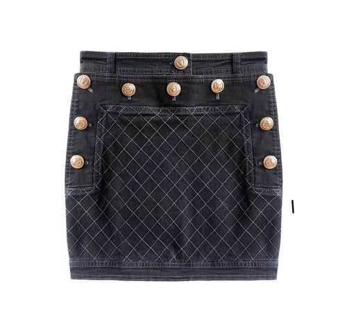 Denim Buttoned Skirt with Gold Hardware - Black