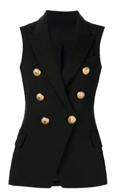 Double Breasted Waistcoat with Gold Buttons - Black