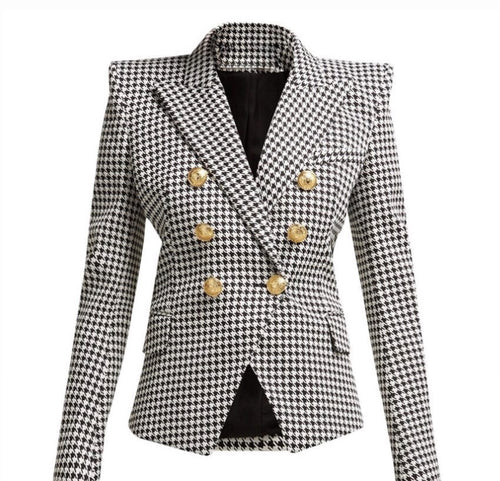 Double Breasted Blazer with Gold Hardware - Houndstooth