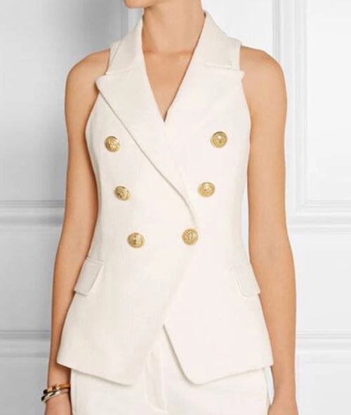 Double Breasted Waistcoat with Gold Buttons - White