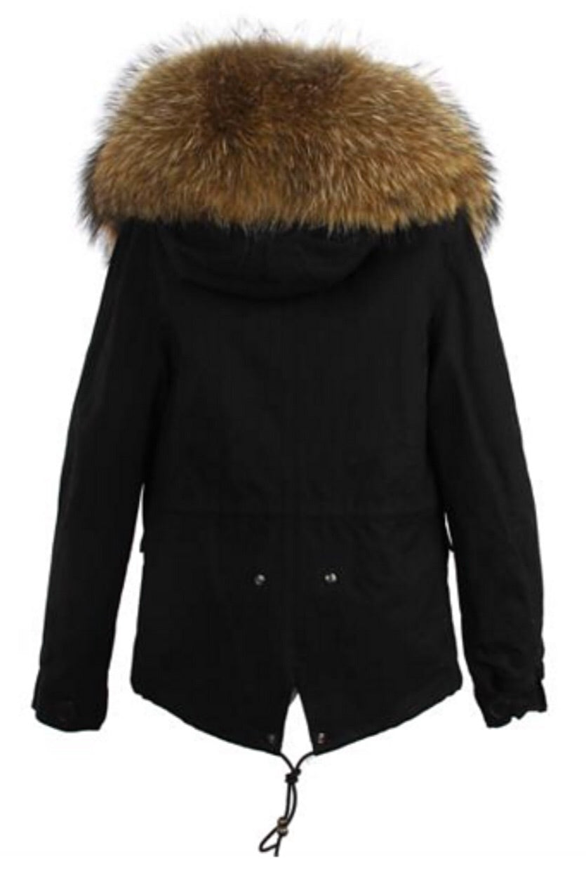 Fur Lined Parka - Black Natural Fur Short