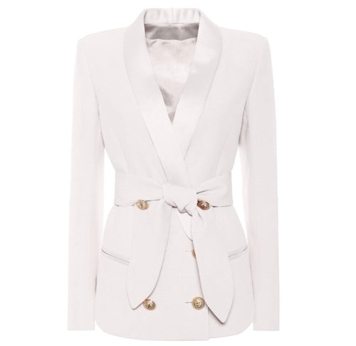 Double Breasted Tie Blazer with Gold Hardware - White