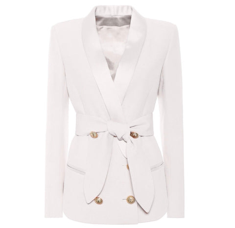 Double Breasted Tie Blazer with Gold Hardware - Pink